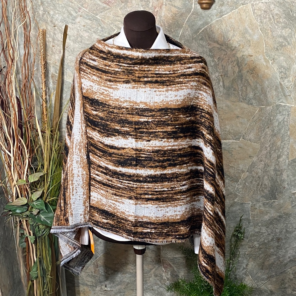 LF Stylish Brown and White wrap cardigan pull over Shawl poncho